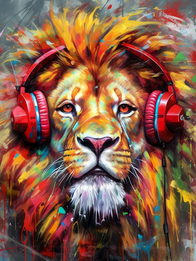 Lion With Headphones animal art print by Justyna Jaszke for $57.95 CAD
