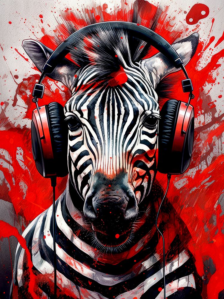 Zebra With Headphones animal art print by Justyna Jaszke for $57.95 CAD