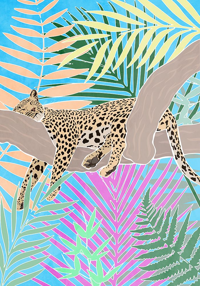 Jaguar Sleeping in colourful jungle art print by Sarah Manovski for $57.95 CAD
