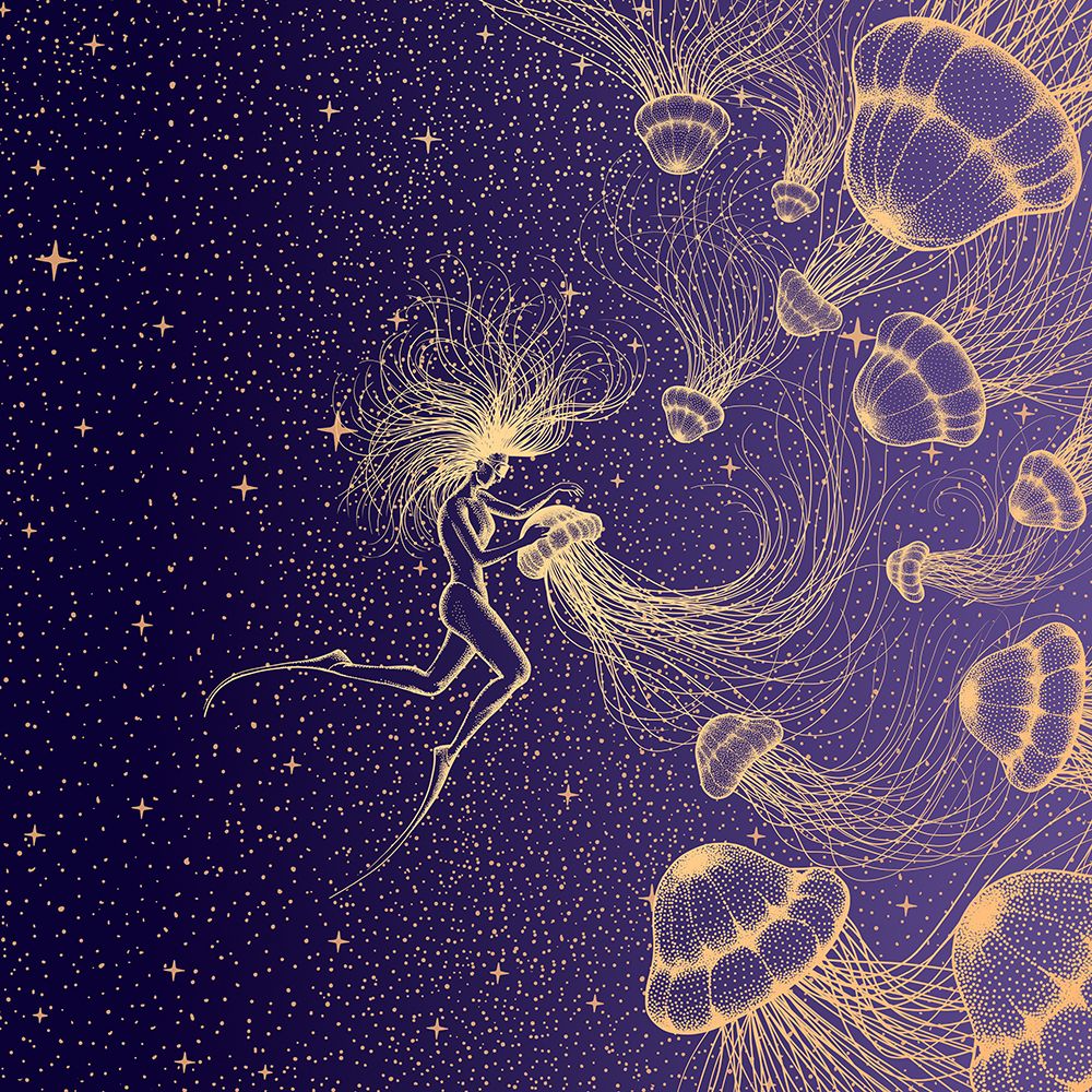 Starry Jellyfish and Diver (golden Lines a Purple Space) art print by Aliraza Cakir for $57.95 CAD
