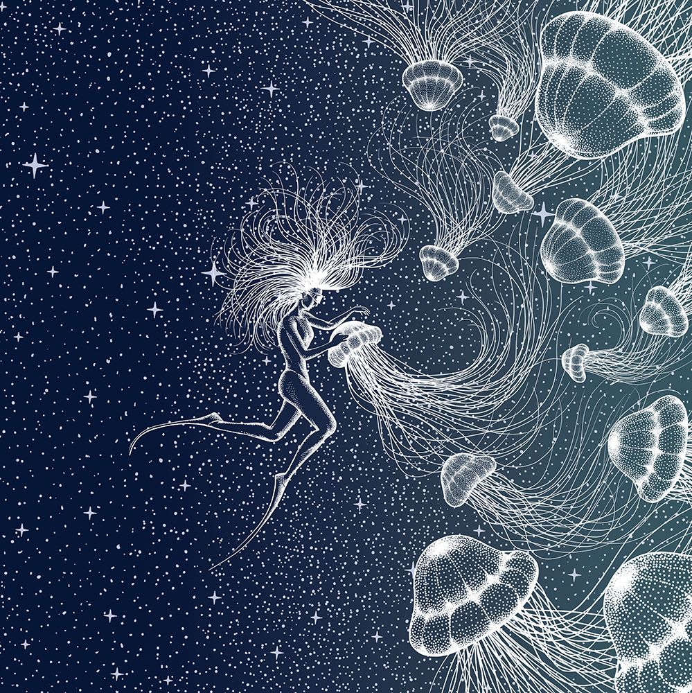 Starry Jellyfish and Diver (golden Lines a Purple Space) art print by Aliraza Cakir for $57.95 CAD