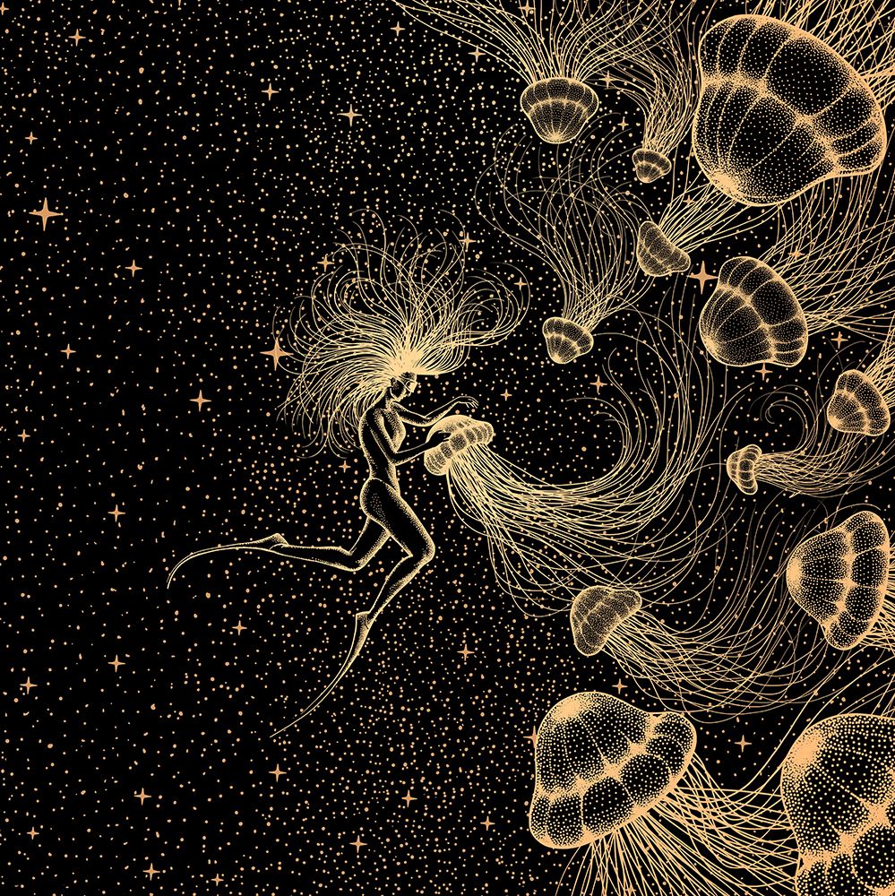 Starry Jellyfish and Diver (golden Lines a Purple Space) art print by Aliraza Cakir for $57.95 CAD