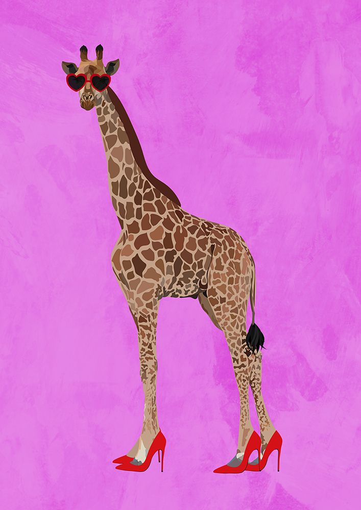 Giraffe wearing heels and heart glasses pink art print by Sarah Manovski for $57.95 CAD