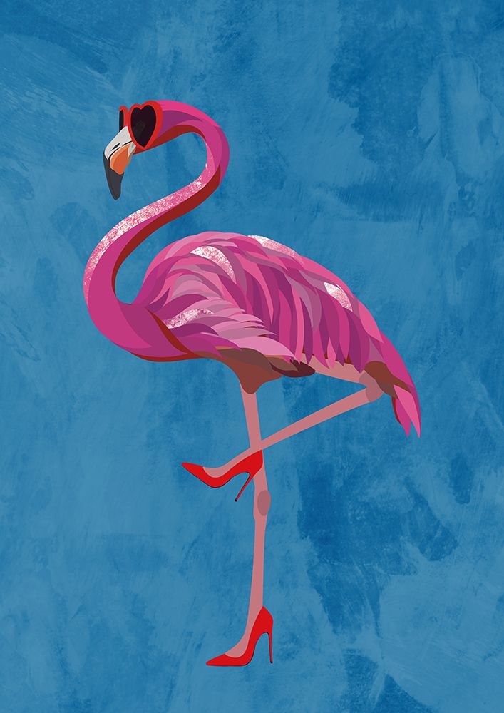 Flamingo in heels and heart glasses blue art print by Sarah Manovski for $57.95 CAD