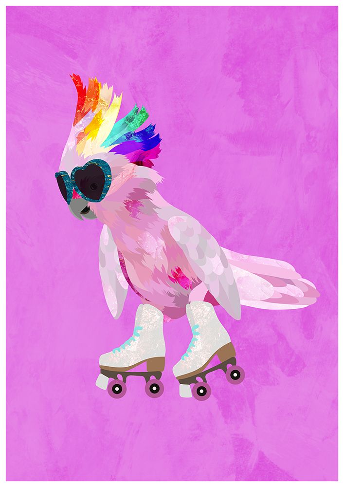 Rollerskating pink cockatoo art print by Sarah Manovski for $57.95 CAD