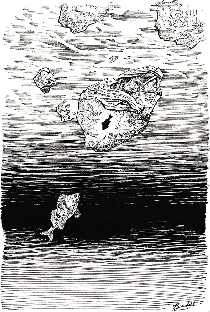 Midless. A Fish in the Plastic Sea Ink Drawing. art print by Johan Liewendahl for $57.95 CAD