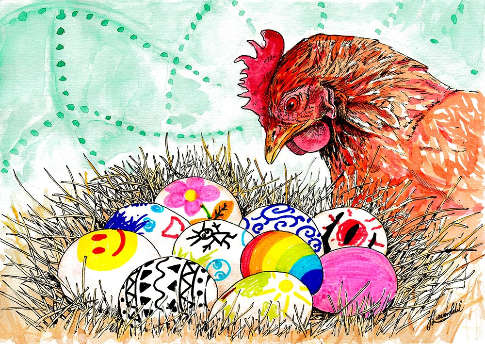 Happy Easter. Hen and Eggs Ink and Watercolor Painting art print by Johan Liewendahl for $57.95 CAD