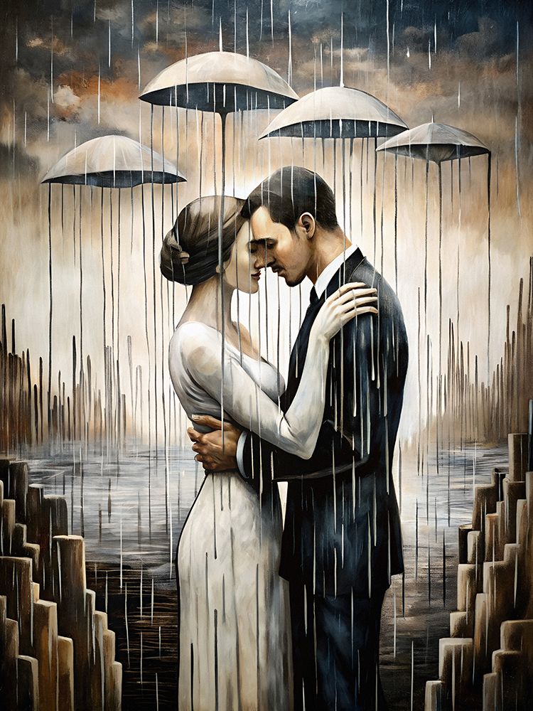 A Kiss Beneath the Floating Umbrellas art print by Miguel Bruzual for $57.95 CAD