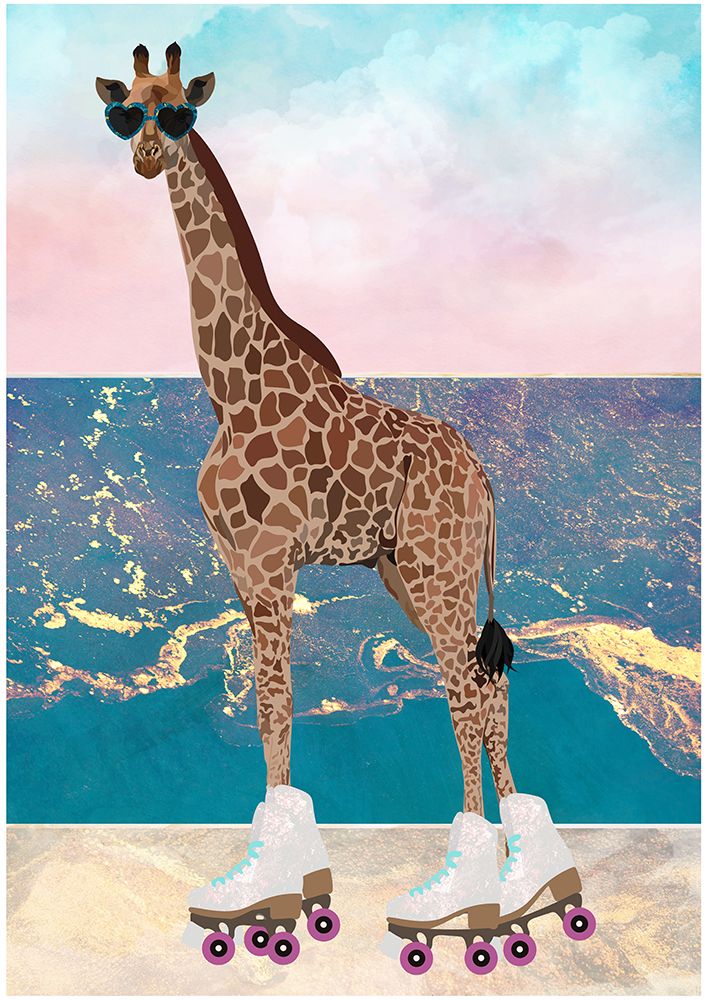 Giraffe On Holiday rollerskating art print by Sarah Manovski for $57.95 CAD