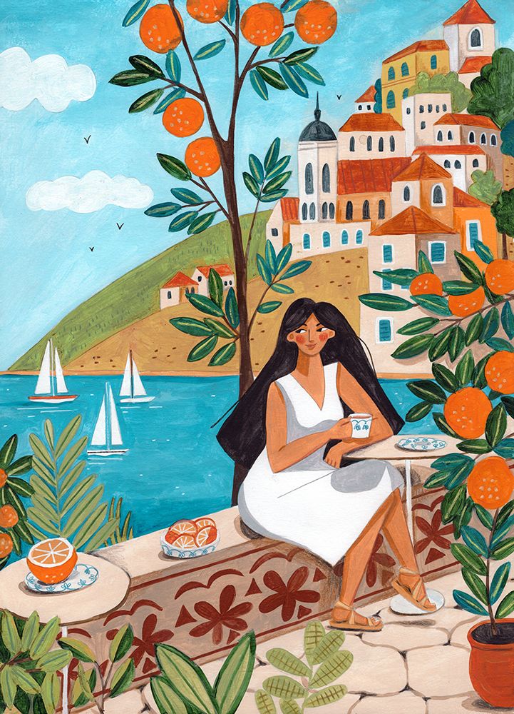 Travel poster woman in Mediterranean coast art print by Caroline Bonne Muller for $57.95 CAD