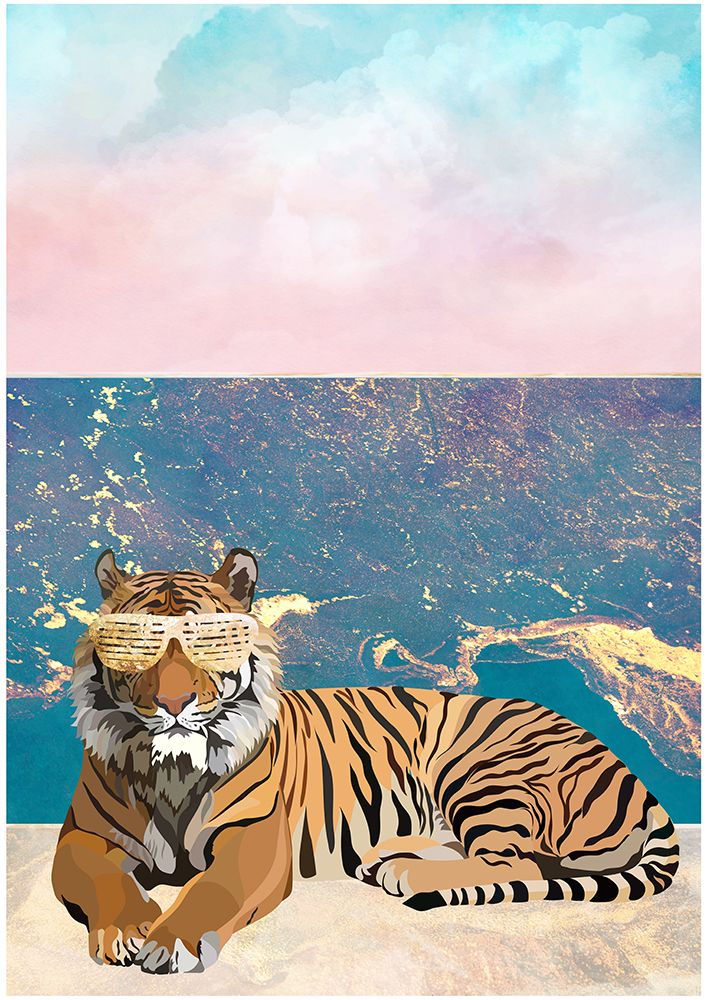 Tiger lying on the beach art print by Sarah Manovski for $57.95 CAD