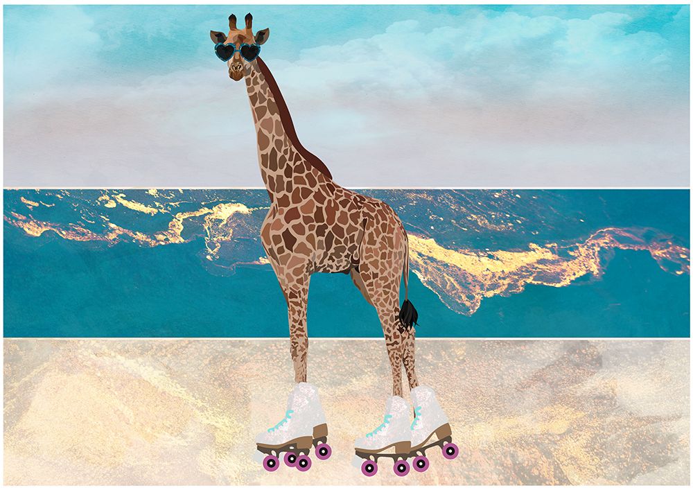Giraffe rollerskating on the beach landscape art print by Sarah Manovski for $57.95 CAD