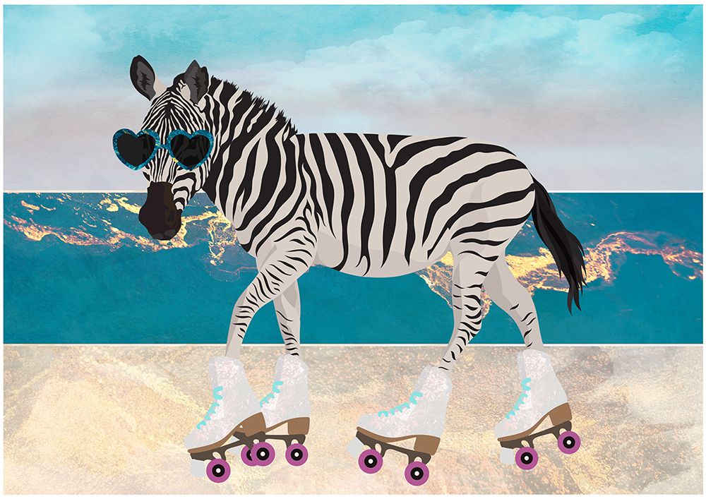 Zebra rollerskating on the beach landscape art print by Sarah Manovski for $57.95 CAD