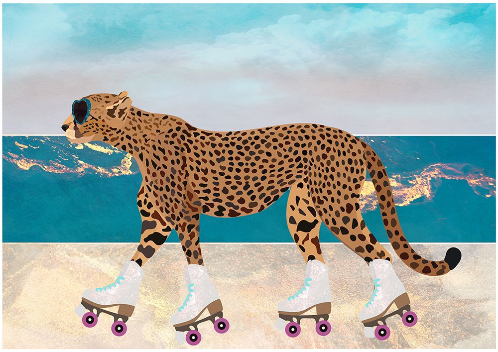 Cheetah Rollerskating Landscape Beach 01 art print by Sarah Manovski for $57.95 CAD
