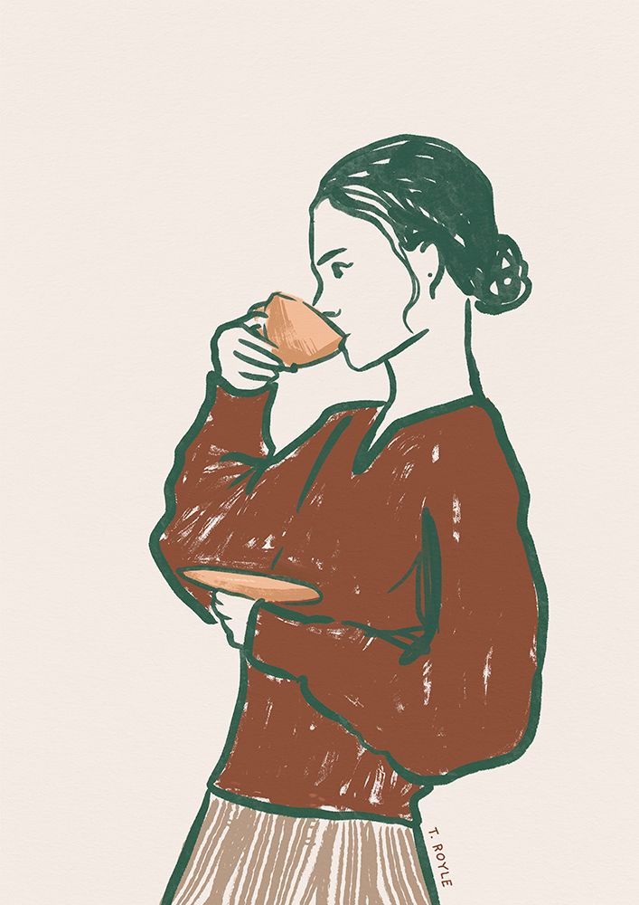 Woman Drinking Tea in Rust art print by Tara Royle for $57.95 CAD