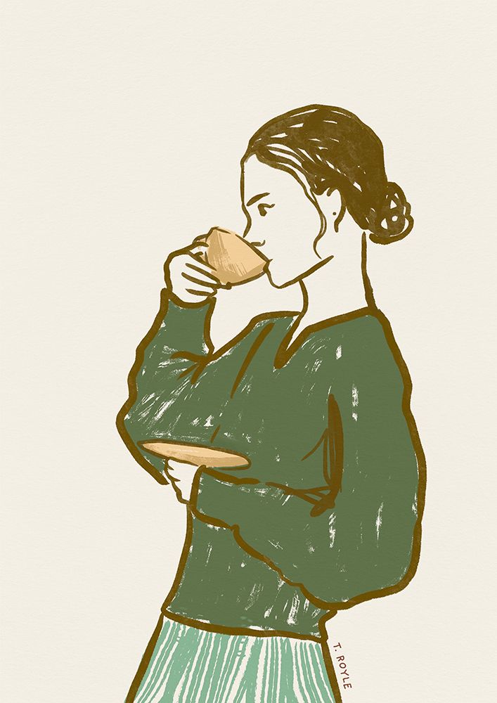 Woman Drinking Tea in Green art print by Tara Royle for $57.95 CAD