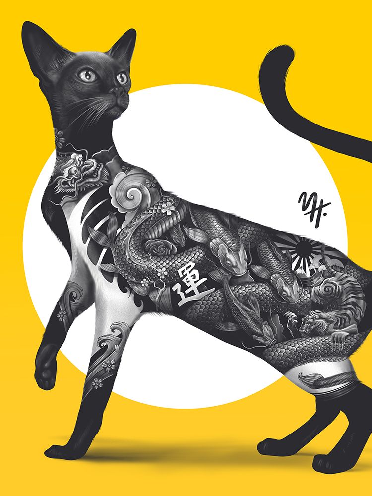 Japanese Cat Tattoo Yellow art print by Mark Harrison for $57.95 CAD