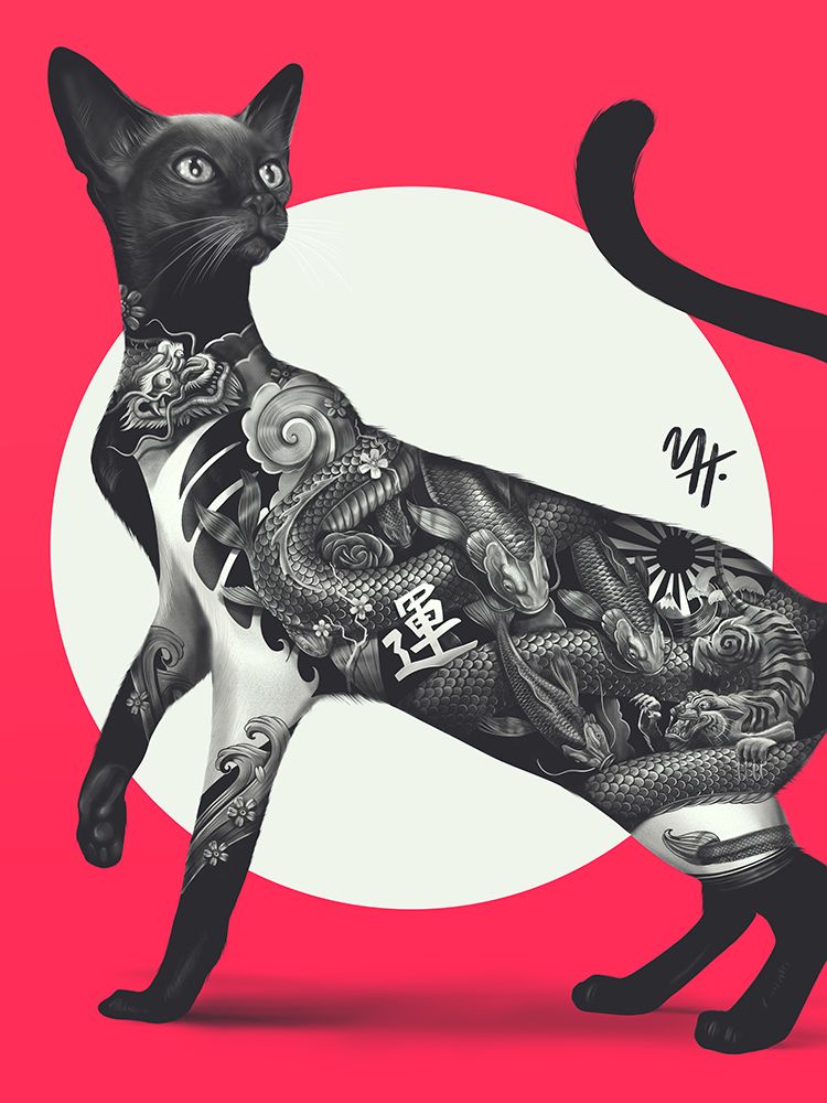 Japanese Cat Tattoo Red art print by Mark Harrison for $57.95 CAD