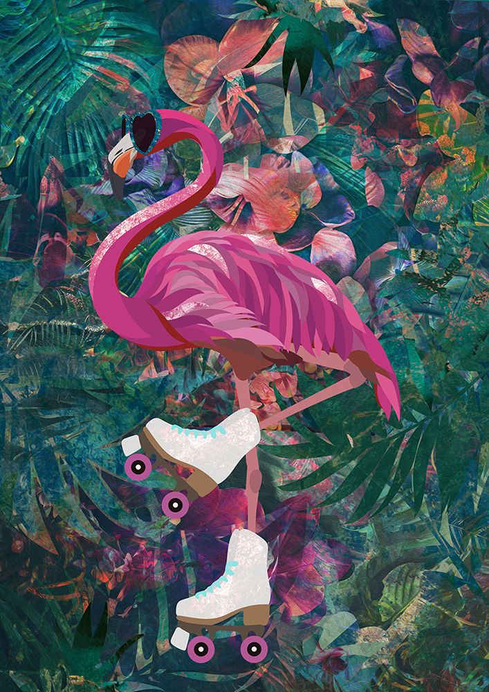 Tropical Floral Jungle - FLamingo rollerskating art print by Sarah Manovski for $57.95 CAD