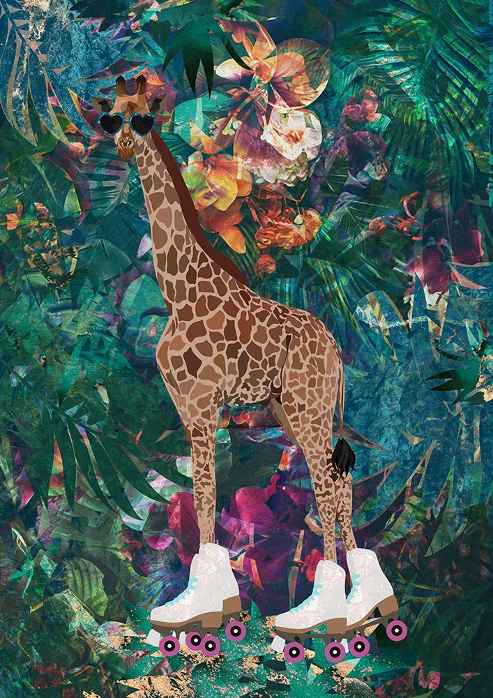 Tropical Floral Jungle - Giraffe rollerskating art print by Sarah Manovski for $57.95 CAD