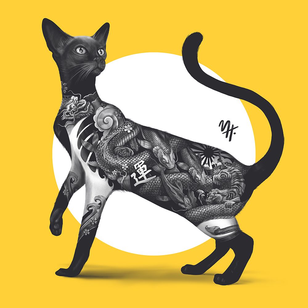 Japanese Cat Tattoo Yellow art print by Mark Harrison for $57.95 CAD