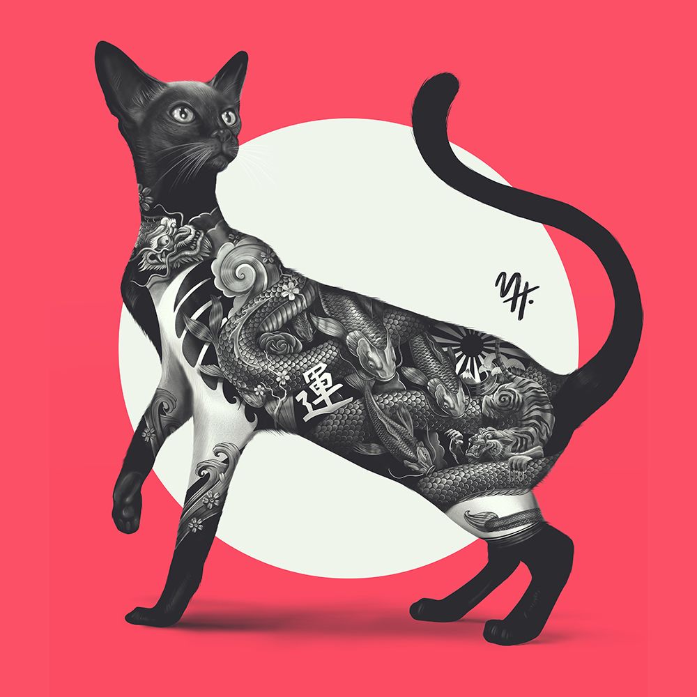 Japanese Cat Tattoo Red art print by Mark Harrison for $57.95 CAD