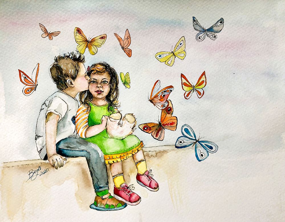 Kids First Kiss art print by Anda Bieza for $57.95 CAD