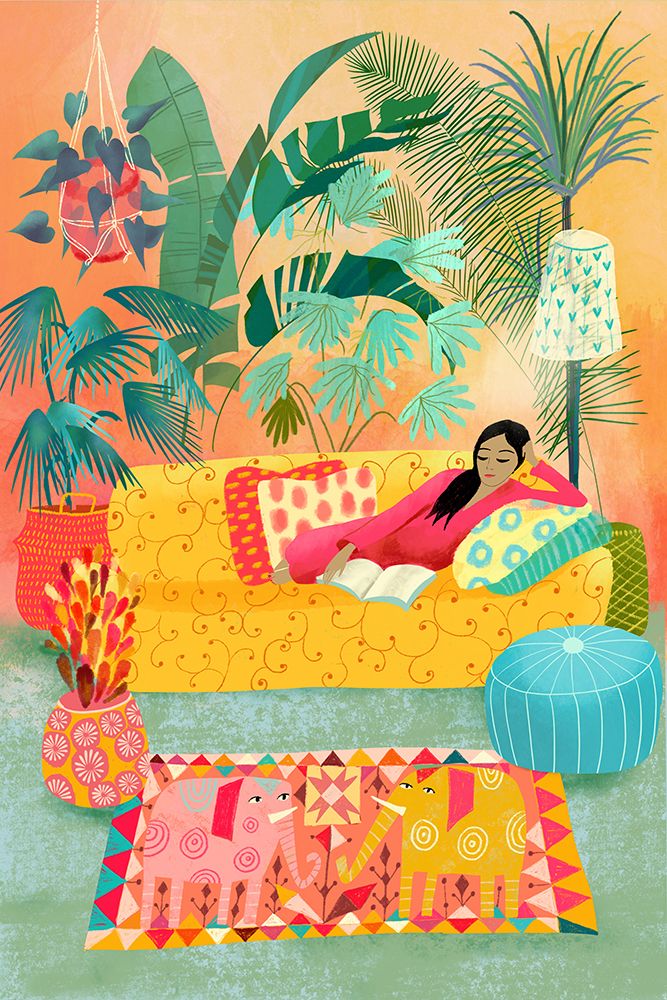 Woman Reading In Tropical Living Room art print by Uta Krogmann for $57.95 CAD