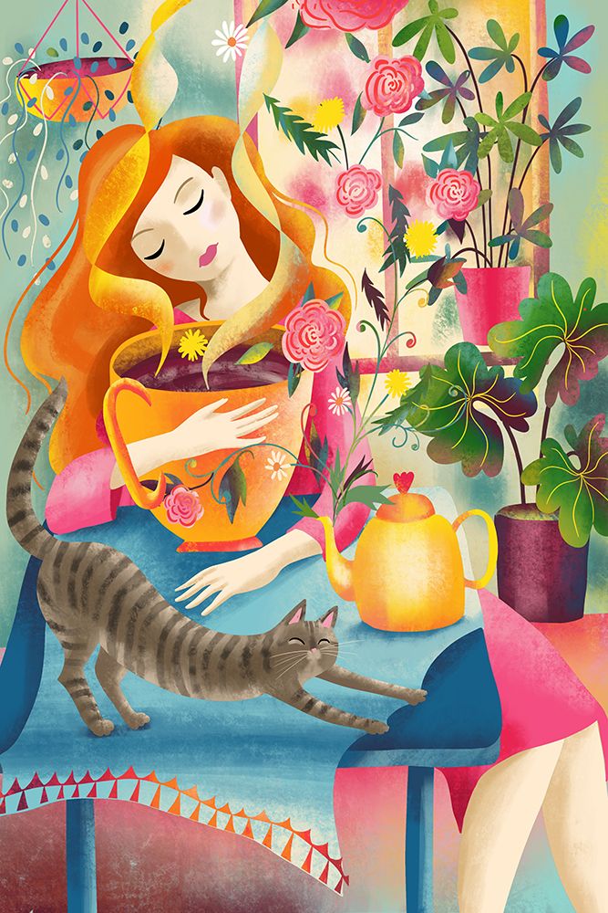 Morning Tea and Cat Stretch art print by Uta Krogmann for $57.95 CAD