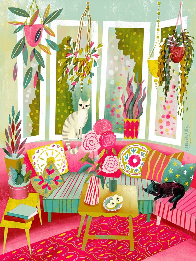 Bohemian Interior Colourful Chushions and Two Cats art print by Uta Krogmann for $57.95 CAD