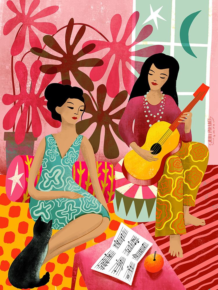 House Music Ladies With Guitar and Cat art print by Uta Krogmann for $57.95 CAD