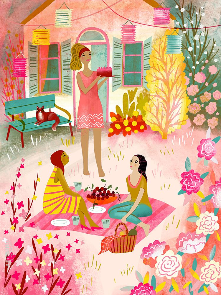 Summer Picnic Garden With Friends and Cherries art print by Uta Krogmann for $57.95 CAD