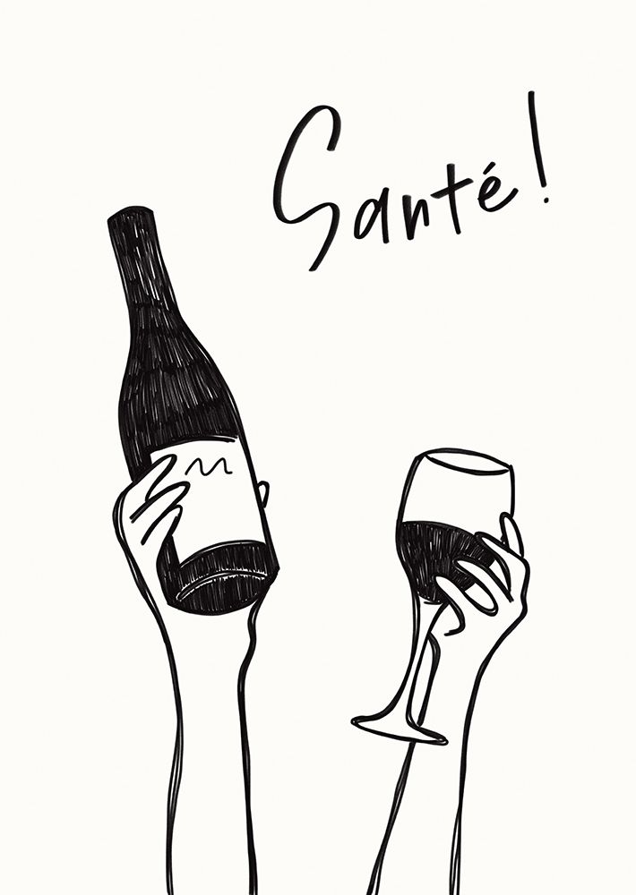 Hands holding a wine bottle and a wine glass with the text qCheers!q in French art print by Rio Soley for $57.95 CAD