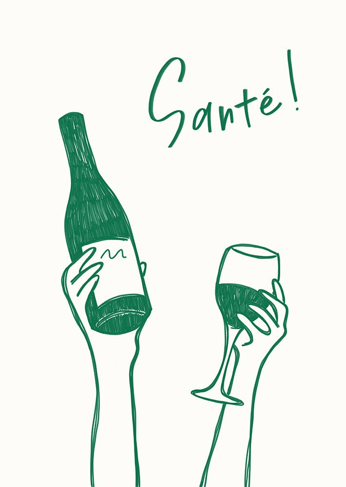 Hands holding a wine bottle and a wine glass with the text qCheers!q in French art print by Rio Soley for $57.95 CAD