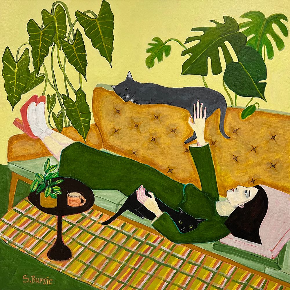 Cat Lady on Couch having a date art print by Sharyn Bursic for $57.95 CAD