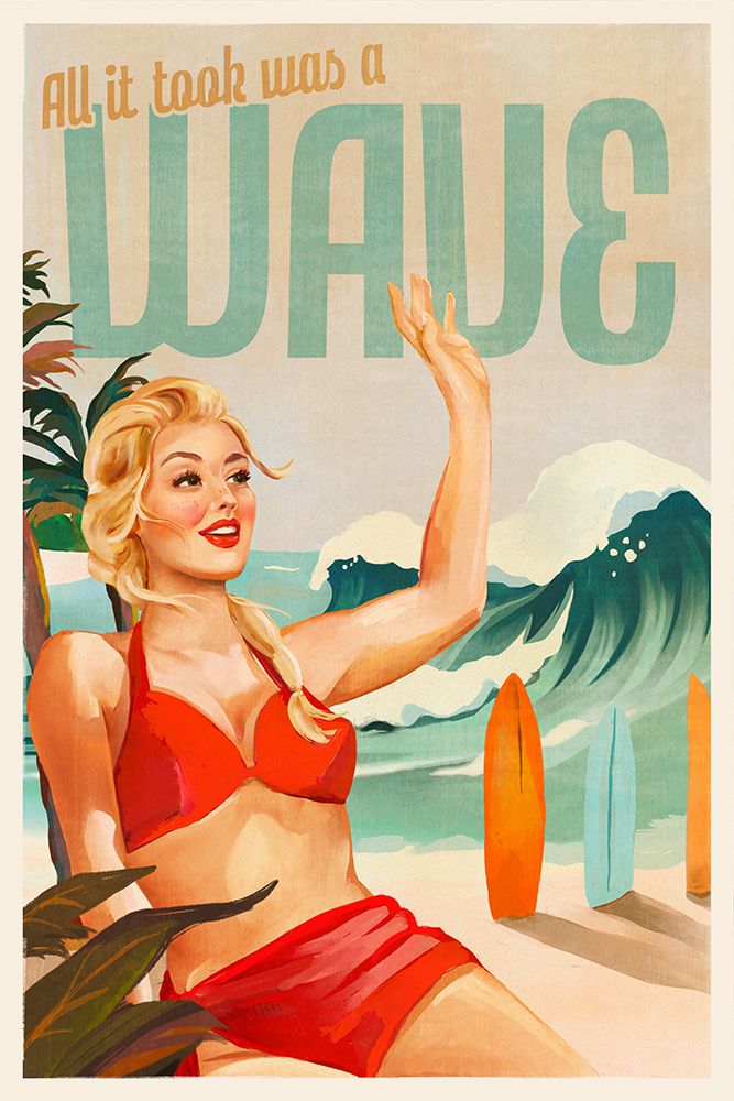 Surfing Pinup Girl On Beach In Bikini art print by The Whiskey Ginger for $57.95 CAD