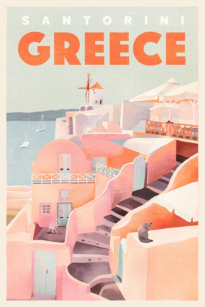 Santorini Greece Vintage Travel Poster art print by The Whiskey Ginger for $57.95 CAD