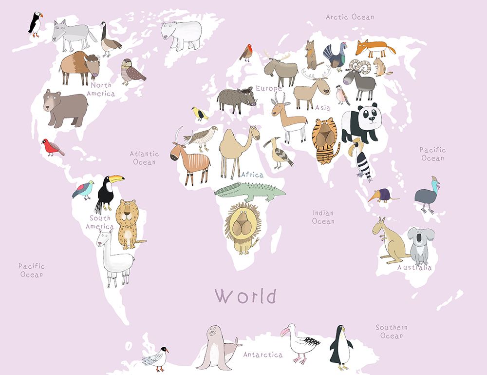 Illustrated Map of the World with Cute Animals art print by Carla Daly for $57.95 CAD