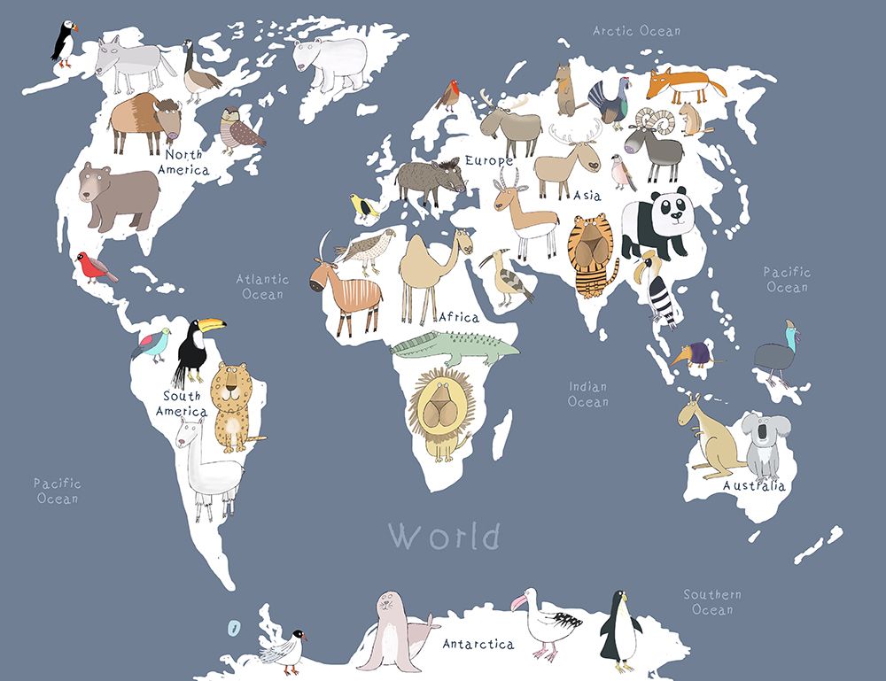 Illustrated Map of the World with Cute Animals art print by Carla Daly for $57.95 CAD