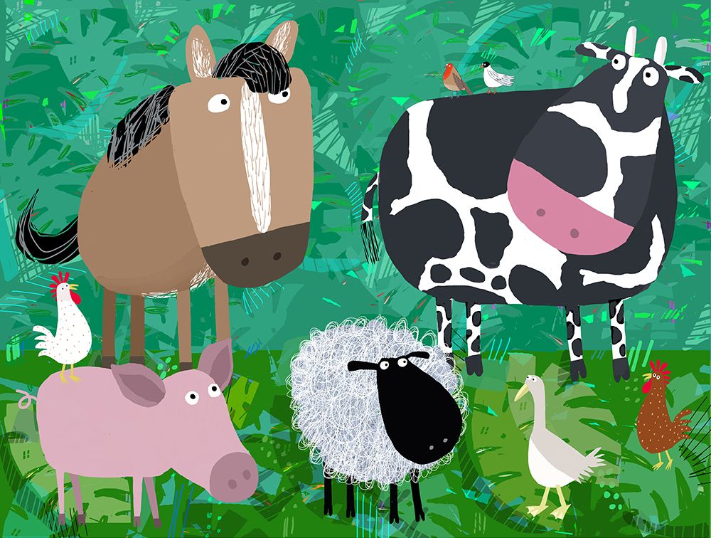 Cute Farm Animals Hanging Out in the Green Fields by Carla Daly art print by Carla Daly for $57.95 CAD