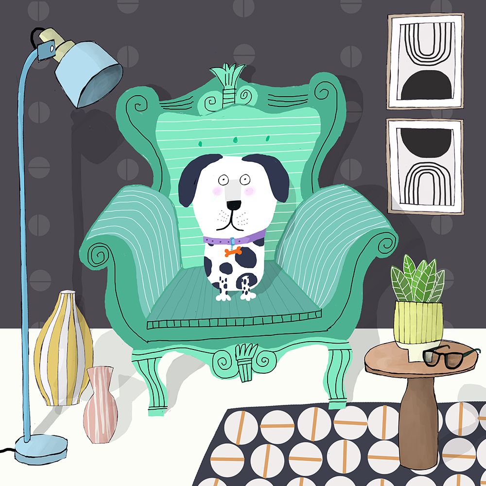 Funny Dog Sitting in a Trendy Interior by Carla Daly art print by Carla Daly for $57.95 CAD