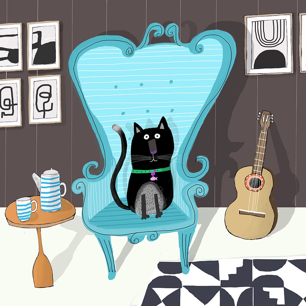 Cute Black Cat sitting on Blue Armchair by Artist Carla Daly art print by Carla Daly for $57.95 CAD