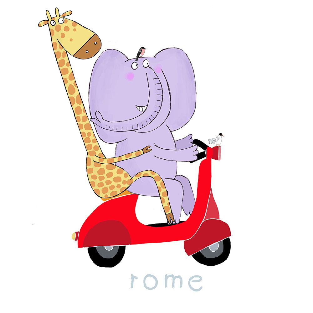 Giraffe and Elephant Travel through the Streets of Rome on a Vespa art print by Carla Daly for $57.95 CAD