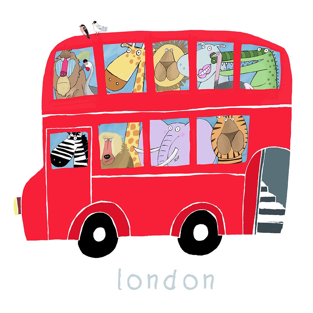 Red London Bus with Jungle Animals by Carla Daly art print by Carla Daly for $57.95 CAD