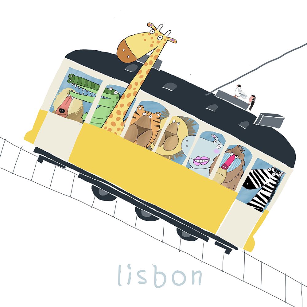 Famous Lisbon Yellow Tram with Jungle Animals by Carla Daly art print by Carla Daly for $57.95 CAD