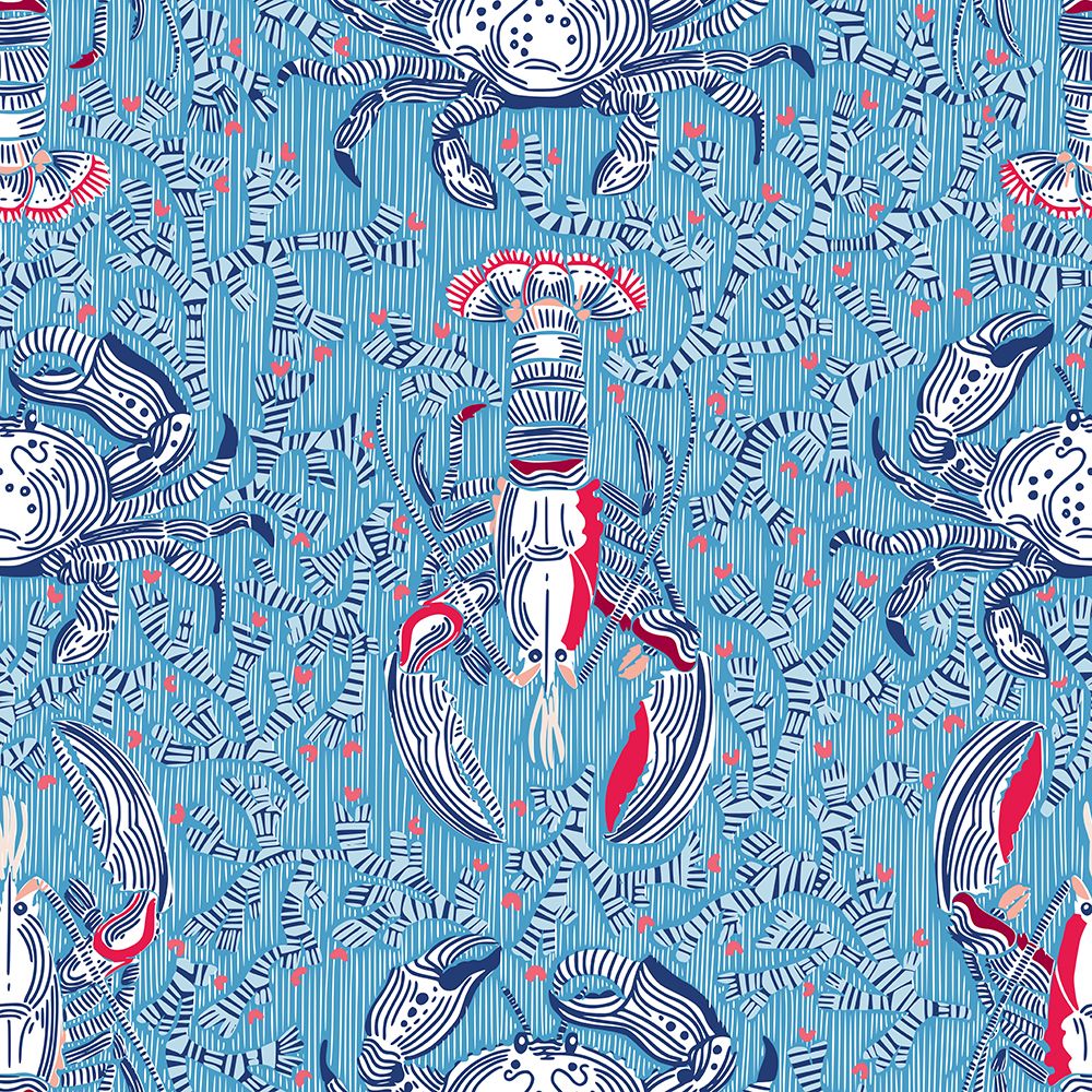 Lobster and crab coastal nostalgia summer blue pattern art print by Annick for $57.95 CAD