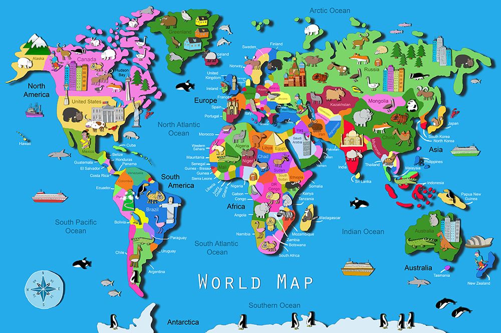 Illustrated World Map with Countries and Continents by Carla Daly art print by Carla Daly for $57.95 CAD