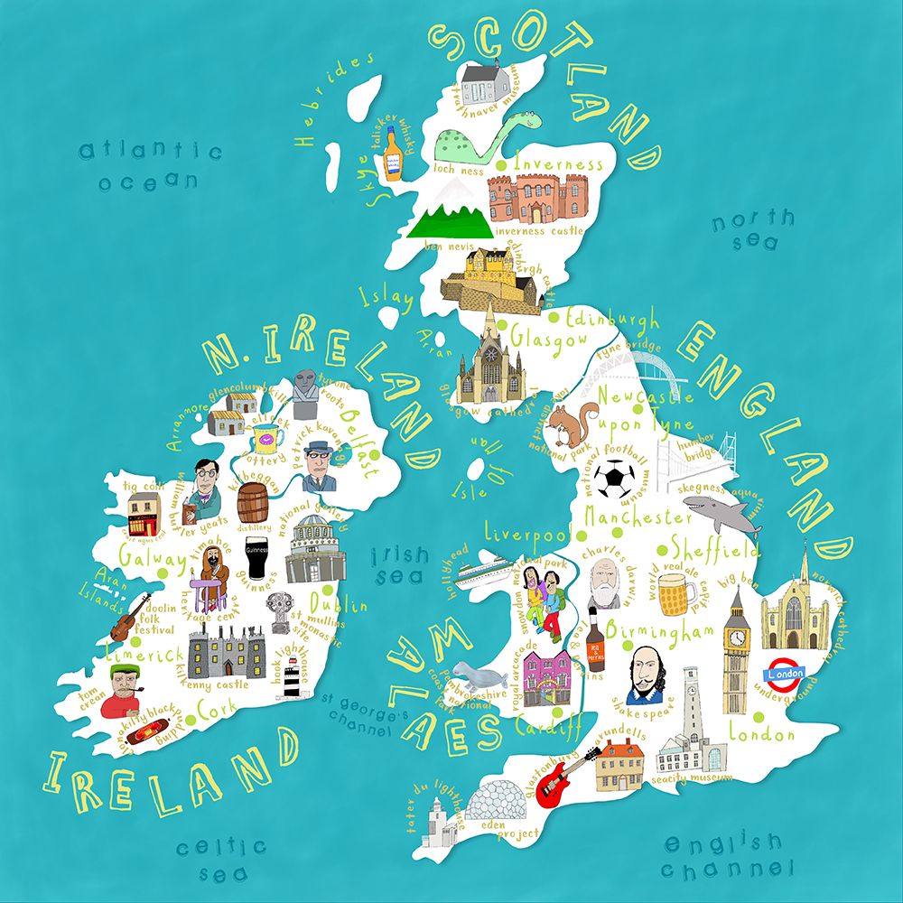 Map of UK and Ireland with Country Icons by Artist Carla Daly art print by Carla Daly for $57.95 CAD