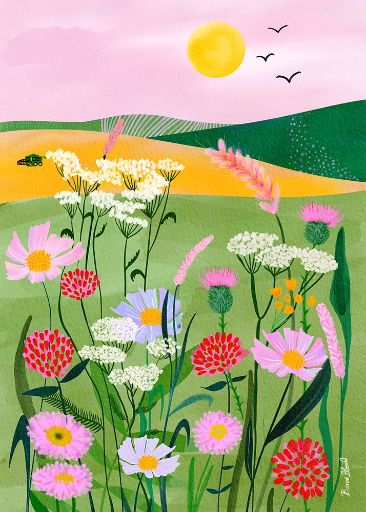 Flied Flowers with Pink Sky Landscape art print by Baroo Bloom for $57.95 CAD