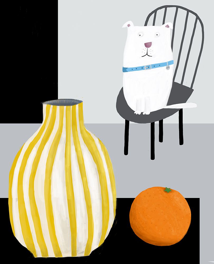 Funny White Dog with Yellow and White Stropped Vase by Carla Daly art print by Carla Daly for $57.95 CAD